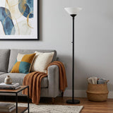 73" Black And White Torchiere Floor Lamp With White Acrylic Cone Shade