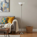 71" Silver Metal Torchiere Floor Lamp With White Bowl Shade
