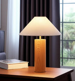 26" Natural Solid Wood Cylinder Table Lamp With White Cone Shade