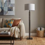 62" Black Wood And Metal Floor Lamp With Light Gray Fabric Drum Shade