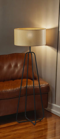 Open Cane Web Natural Shade Floor Lamp With Dark Bronze Base