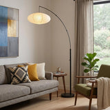 80" Beige And Black Arc Floor Lamp With Beige Paper Globe Shade