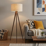 60" Brown And White Tripod Floor Lamp With White Linen Drum Shade