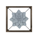Pale Blue Metal Flower In Walnut Finish Frame