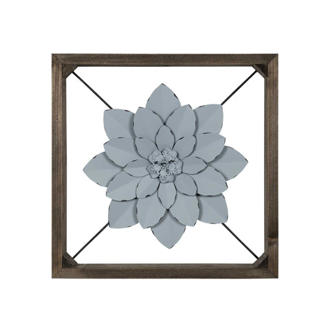 Pale Blue Metal Flower In Walnut Finish Frame