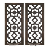 Set of Two Black Distressed Ornate Manufactured Wood And Metal Wall Sconce Candle Holders