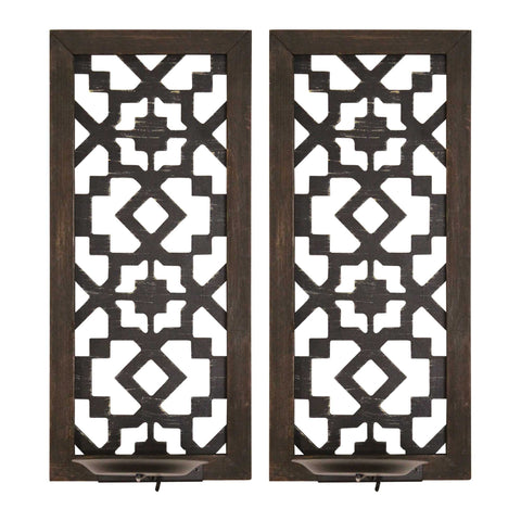 Set of Two Black Distressed Ornate Manufactured Wood And Metal Wall Sconce Candle Holders