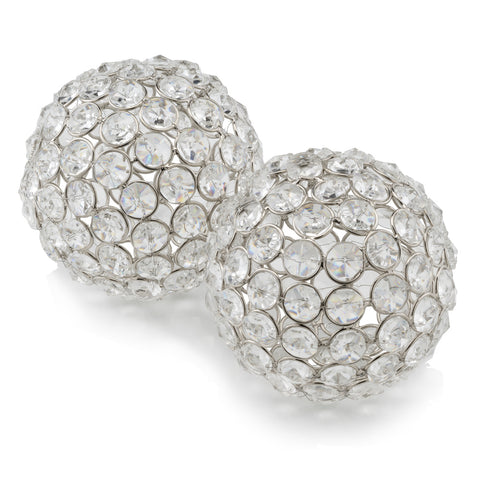 Set of Two Clear And Silver Faux Crystal And Steel Decorative Orb Tabletop Sculptures