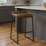 27" Brown And Black Genuine Leather And Iron Backless Counter Height Bar Chair