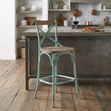 21" Brown And Sky Blue Solid Wood And Metal Bar Chair