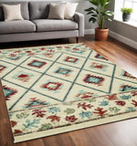 5' X 8' Ivory Blue And Red Southwestern Area Rug
