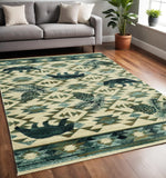 5' X 8' Ivory And Blue Southwestern Area Rug