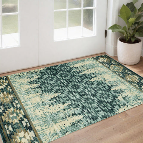 3' X 5' Slate Blue And Ivory Southwestern Area Rug