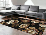 5' X 8' Black Tan And Ivory Floral Area Rug