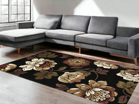 5' X 8' Black Tan And Ivory Floral Area Rug