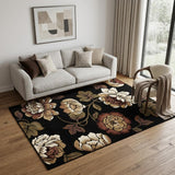 5' X 8' Black Tan And Ivory Floral Area Rug