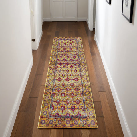 8' Gold And Red Floral Runner Rug