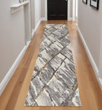 8' Gray And Ivory Geometric Runner Rug
