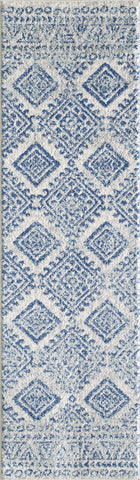 7' Ivory And Blue Geometric Runner Rug