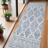 7' Ivory And Blue Geometric Runner Rug