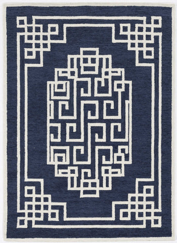 2' X 4' Navy Blue And Ivory Wool Geometric Hand Tufted Area Rug