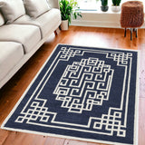 5' X 7' Navy Blue And Ivory Wool Geometric Hand Tufted Area Rug