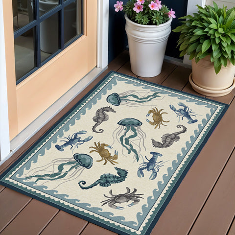 2' X 3' Ivory Abstract Handmade Indoor Outdoor Area Rug