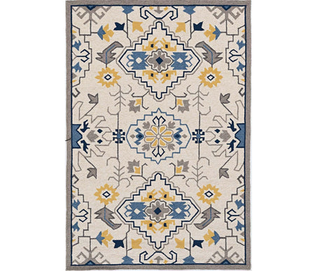 2' X 3' Ivory Blue And Yellow Southwestern Hand Tufted Area Rug