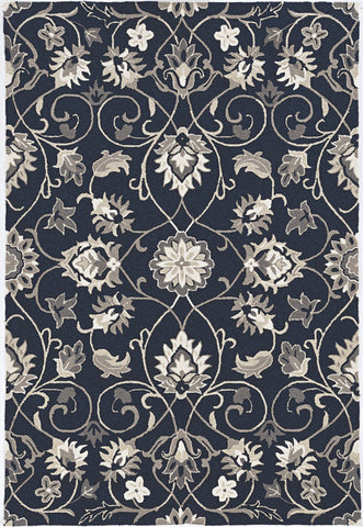 5' X 8' Navy Blue Round Floral Indoor Outdoor Area Rug
