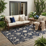 5' X 8' Navy Blue Round Floral Indoor Outdoor Area Rug