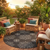 8' Charcoal Round Floral Indoor Outdoor Area Rug
