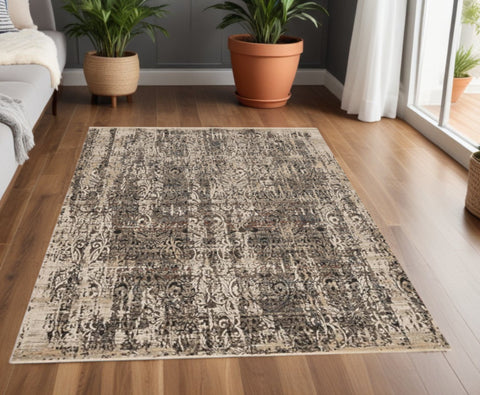 4' X 6' Gray And Tan Abstract Distressed Area Rug
