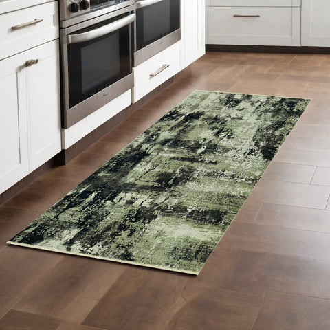 7' Ivory And Charcoal Abstract Distressed Runner Rug