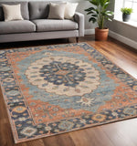 5' X 7' Blue Orange And Black Jute Medallion Hand Woven Area Rug