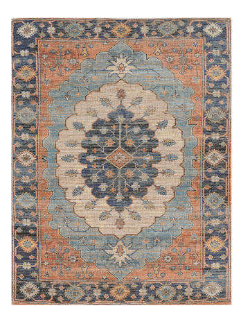 5' X 7' Blue Orange And Black Jute Medallion Hand Woven Area Rug