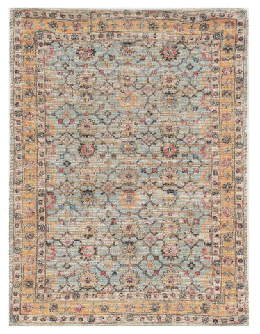 5' X 7' Blue And Beige Jute Floral Hand Woven Area Rug
