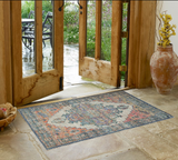 2' X 4' Blue Brick Red And Brown Jute Medallion Hand Woven Distressed Area Rug
