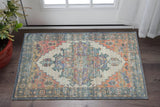 3' X 5' Blue Brick Red And Brown Jute Medallion Hand Woven Distressed Area Rug