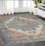 5' X 7' Blue Brick Red And Brown Jute Medallion Hand Woven Distressed Area Rug
