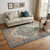 5' X 7' Blue Brick Red And Brown Jute Medallion Hand Woven Distressed Area Rug