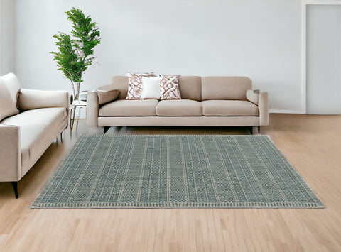 8' X 11' Teal And Beige Geometric Area Rug