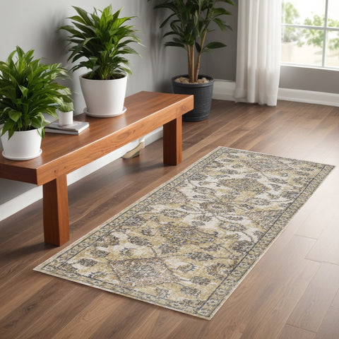7' Ivory Beige And Gray Wool Floral Medallion Runner Rug
