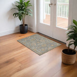 2' X 3' Sage Orange And Gray Wool Floral Distressed Area Rug