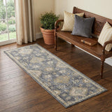 7' Sage And Slate Gray Wool Floral Medallion Runner Rug