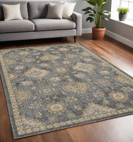 5' X 7' Sage And Slate Gray Wool Floral Area Rug