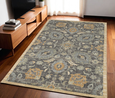 5' X 8' Taupe Orange And Gray Wool Floral Distressed Area Rug