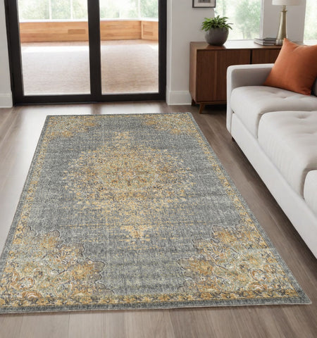 5' X 8' Slate Gray And Orange Wool Medallion Distressed Area Rug
