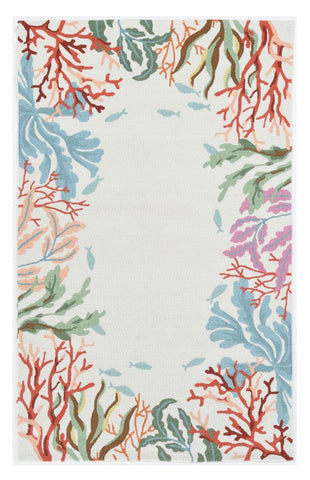 5' X 7' Ivory Red And Pink Fish and Coral Hand Tufted Area Rug