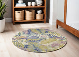 6' Green Pink And Purple Wool Tropical Botanical Hand Tufted Round Rug