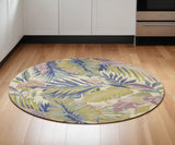 6' Green Pink And Purple Wool Tropical Botanical Hand Tufted Round Rug